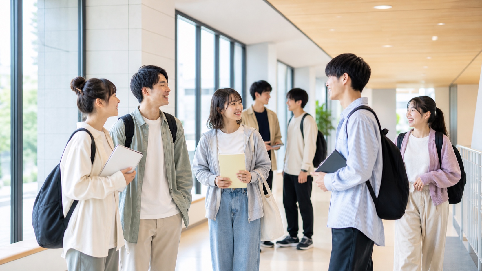 明るい校舎で笑顔で会話する理学療法士養成校の学生たち