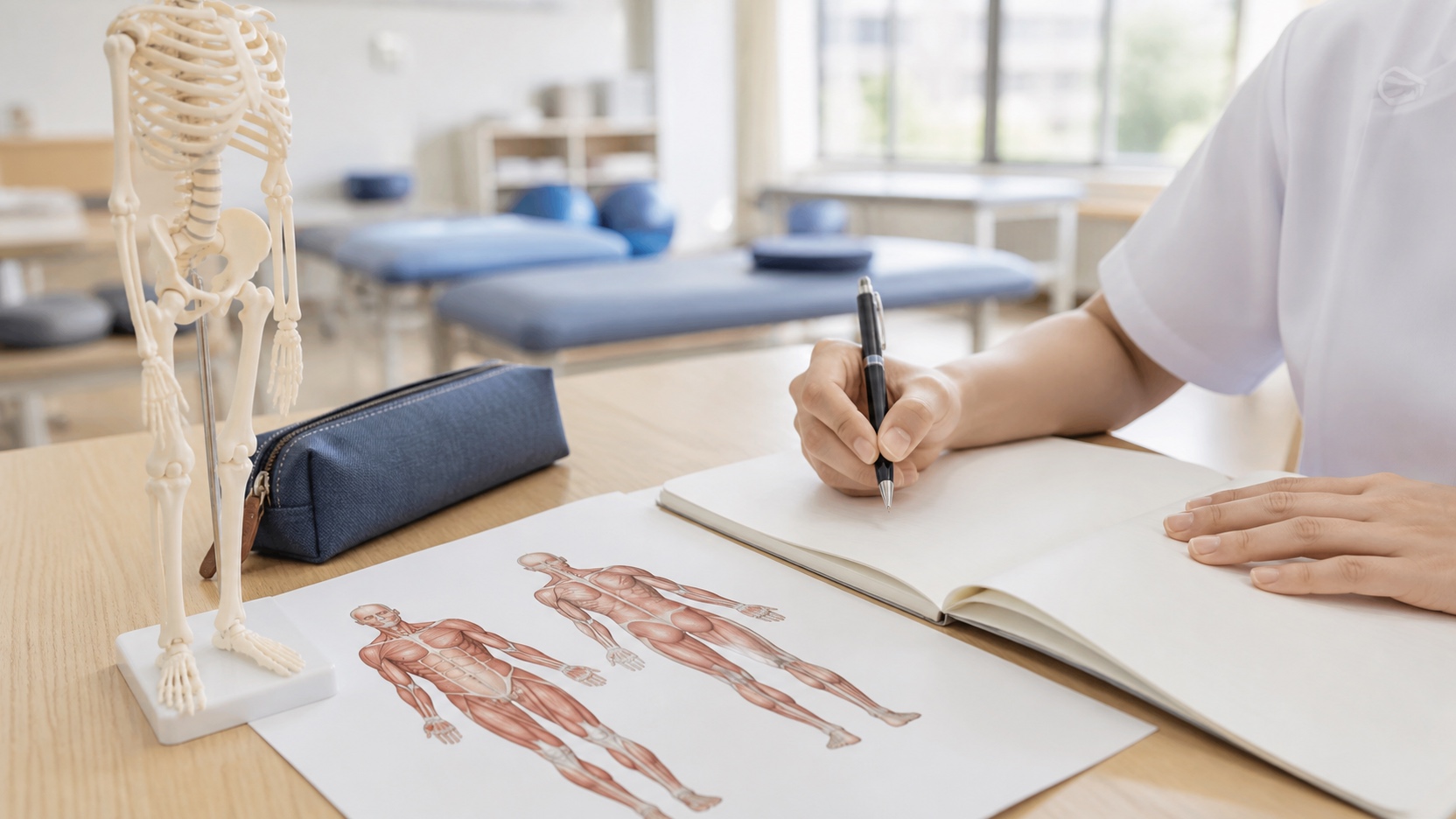 骨格模型や筋肉図、ノートを使って学ぶ学生の手元