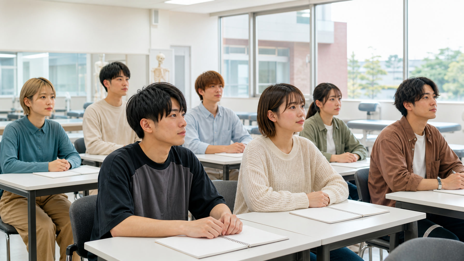 明るい教室で一緒に授業を受ける1年生の学生たち