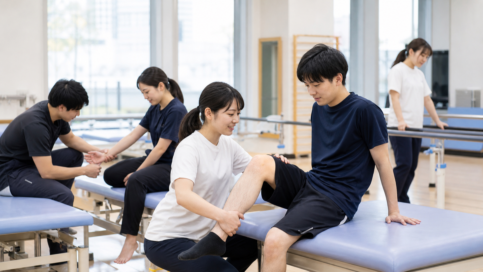リハビリ実習室で実技練習に取り組む学生