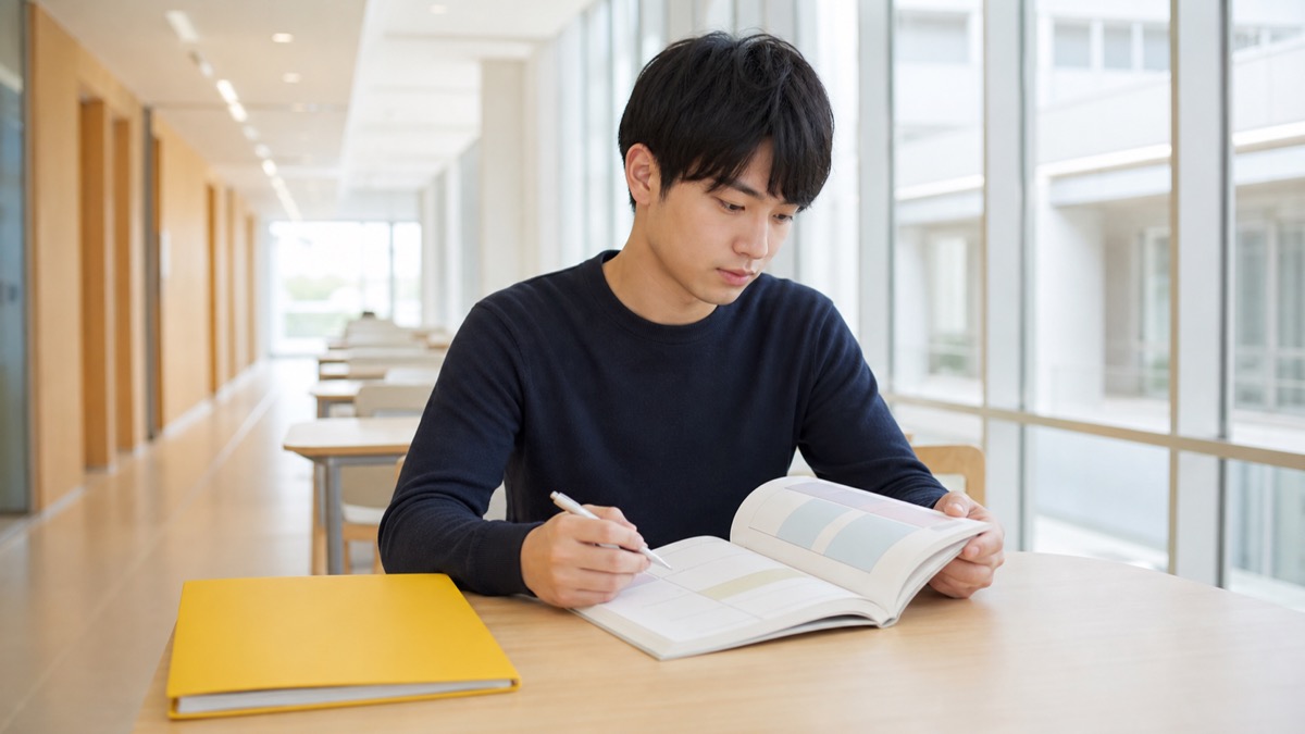 明るい校内で黄色フォルダーを脇に置いてスケジュール帳を確認する日本人学生