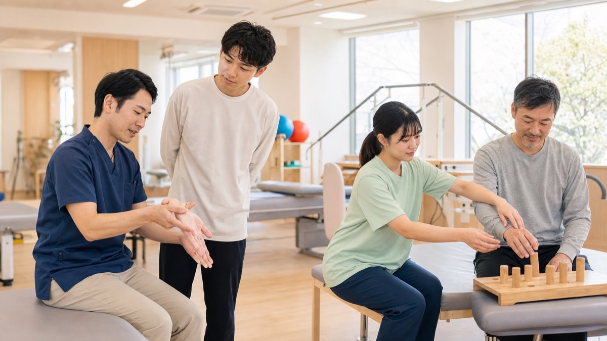 明るいリハビリ室で見学中の学生と患者補助を行う学生が段階的に成長していく臨床実習のシーン