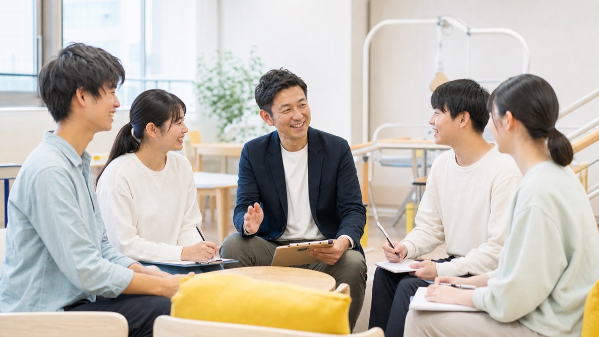 明るい休憩スペースで指導教員と学生たちが和やかに話し合い励まし合っているシーン