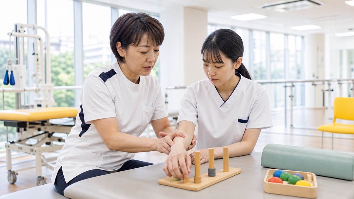 明るく整備されたリハビリ施設でベテラン指導療法士が若い学生に丁寧に技術指導をしている