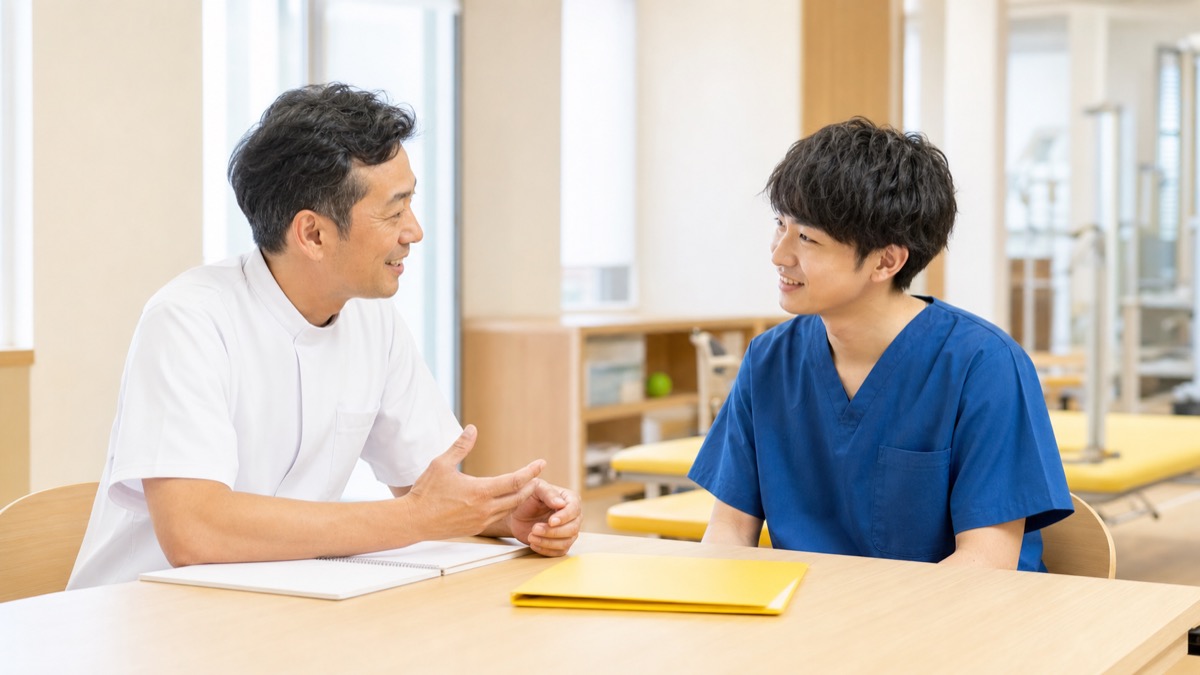 明るい専門学校の部屋で白衣の教員がスクラブ姿の学生に笑顔でアドバイスしている実習前面談のシーン