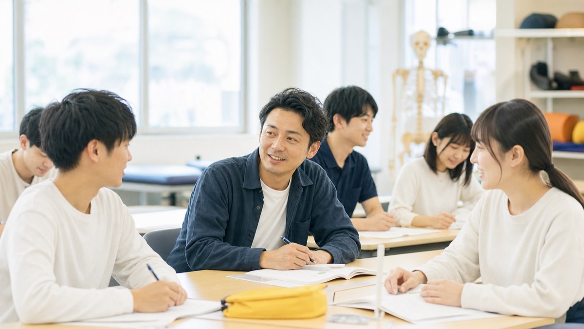30代の社会人学生が若い同級生とリハビリ専門学校の教室で一緒に笑顔で学んでいるシーン
