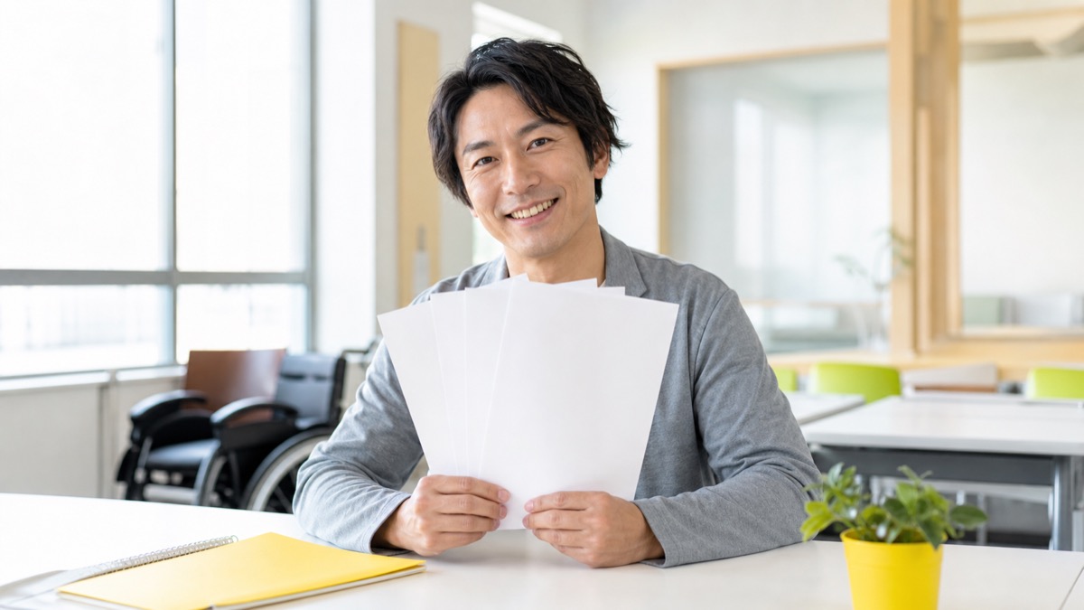 30代日本人社会人が白紙の書類を手に安堵の笑顔で給付金申請の見通しを感じているシーン