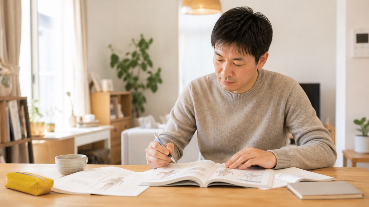 30代日本人社会人がリビングのテーブルで教科書を勉強し家庭と学業を両立しているシーン