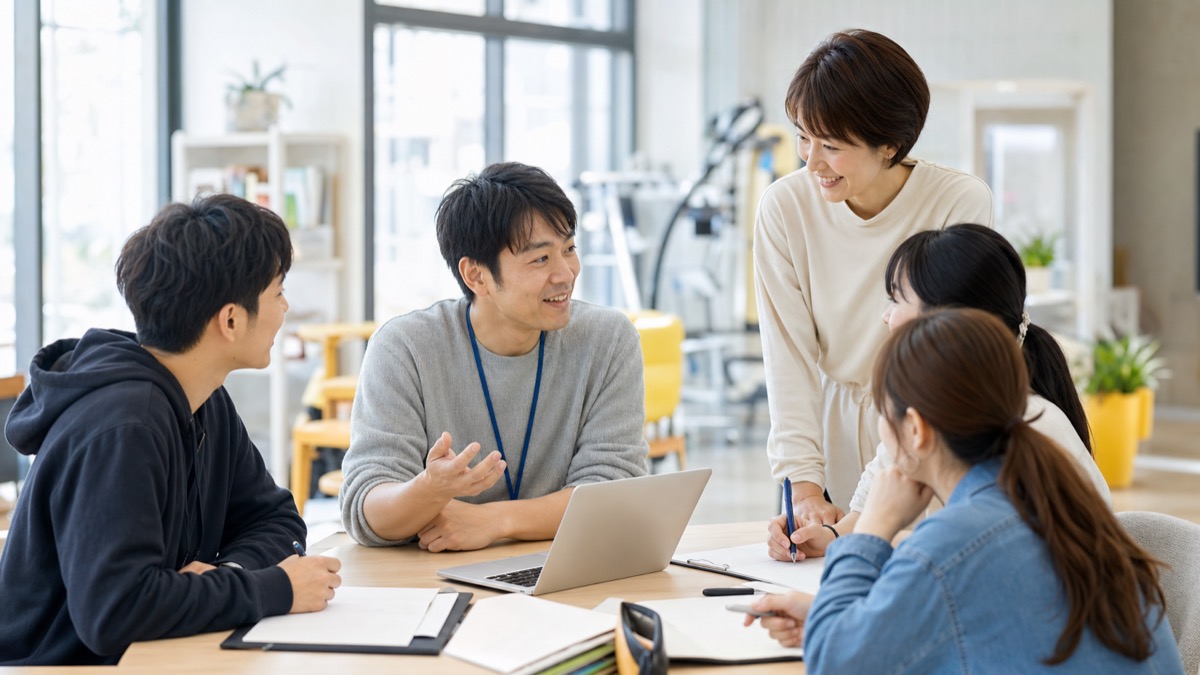専門学校の明るい部屋で30代社会人学生と教員・若い同級生が和やかに交流しているシーン