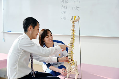 教員と一緒に脊椎の模型を使って学ぶ理学療法学科の在校生